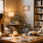 A therapist and client seated in a cozy office with warm lighting, representing a safe and supportive environment for therapy during unmarried separation.
