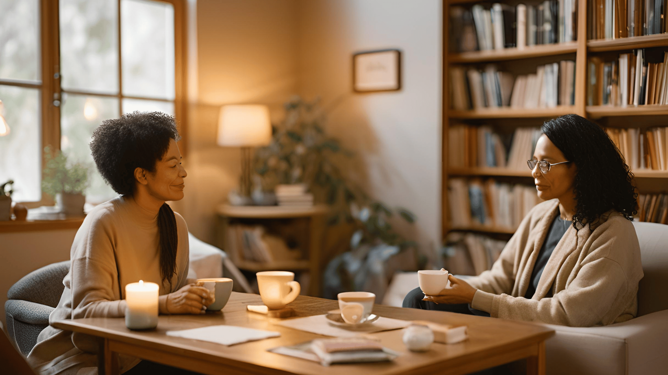 A therapist and client seated in a cozy office with warm lighting, representing a safe and supportive environment for therapy during unmarried separation.