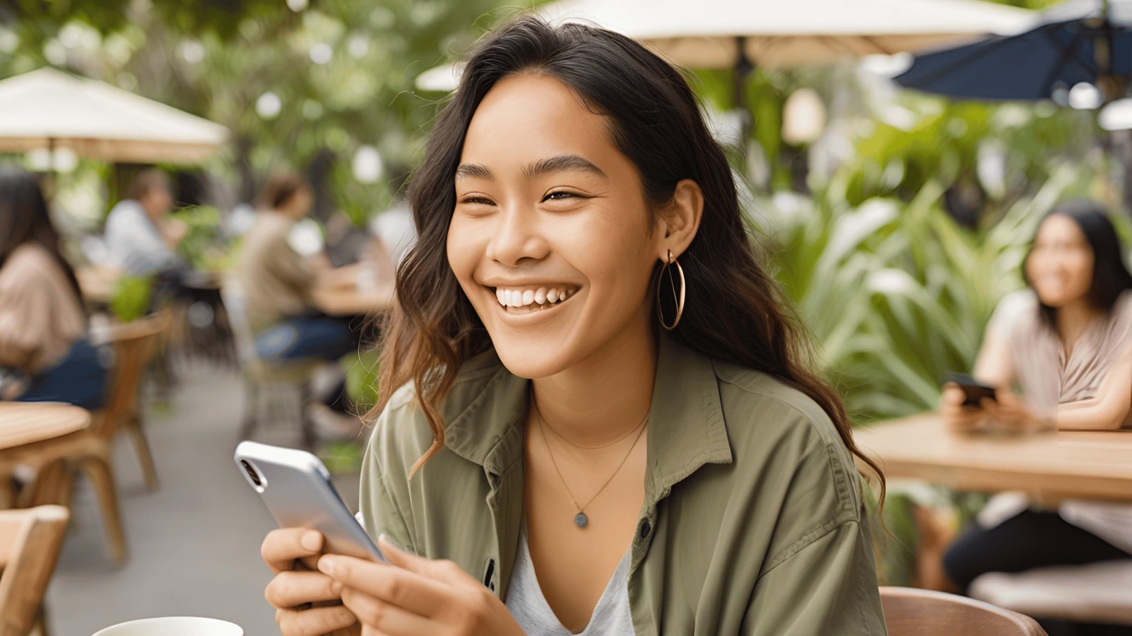 A smiling individual using a smartphone at an outdoor café, symbolizing confidence and excitement about starting online dating.