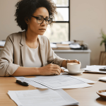 A confident individual working on divorce paperwork at home, with a laptop and coffee on the desk.