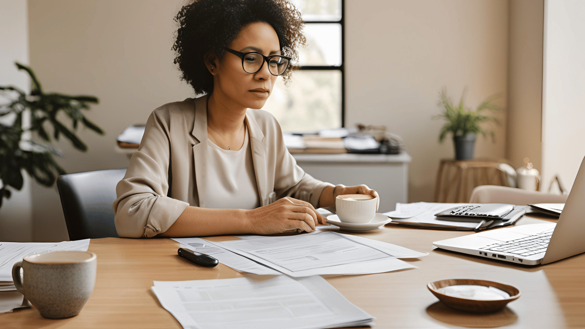 A confident individual working on divorce paperwork at home, with a laptop and coffee on the desk.