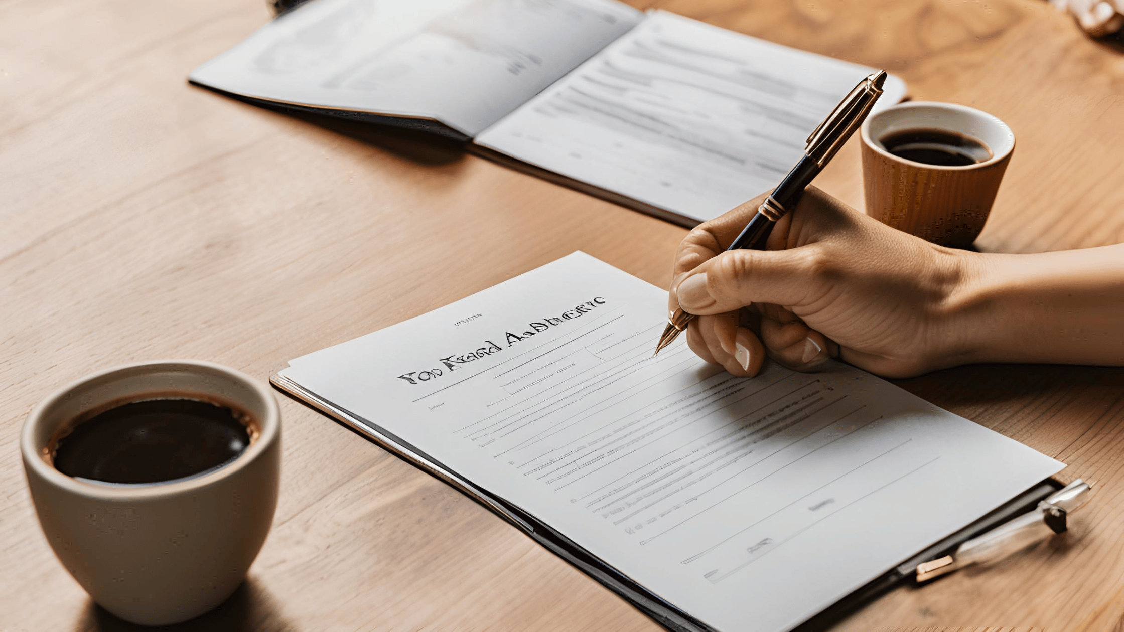A person filling out divorce legal forms at home on a wooden desk with a pen and coffee cup.