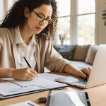 A person reviewing divorce paperwork with a laptop and pen, preparing to file for divorce without an attorney.