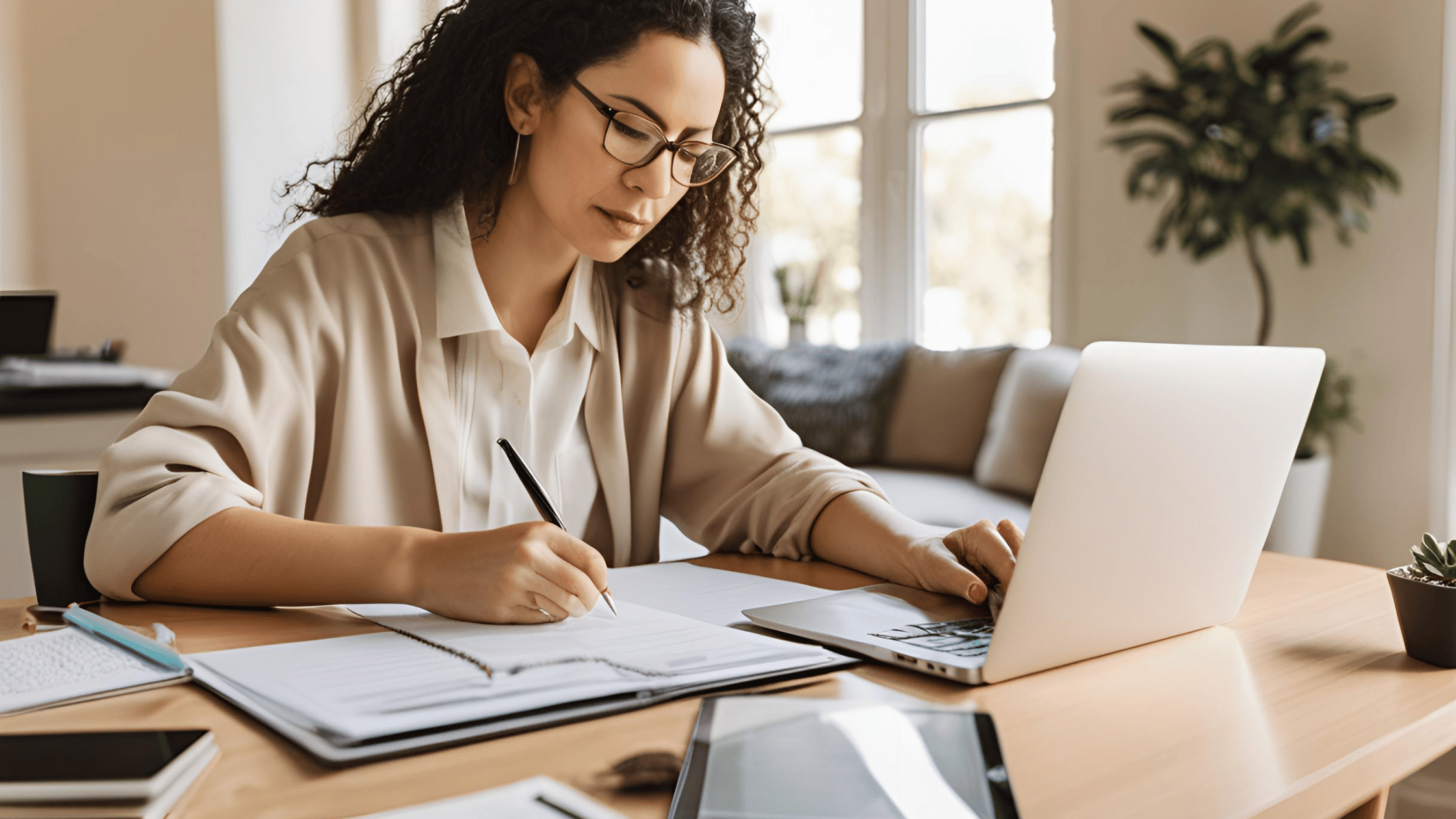 A person reviewing divorce paperwork with a laptop and pen, preparing to file for divorce without an attorney.