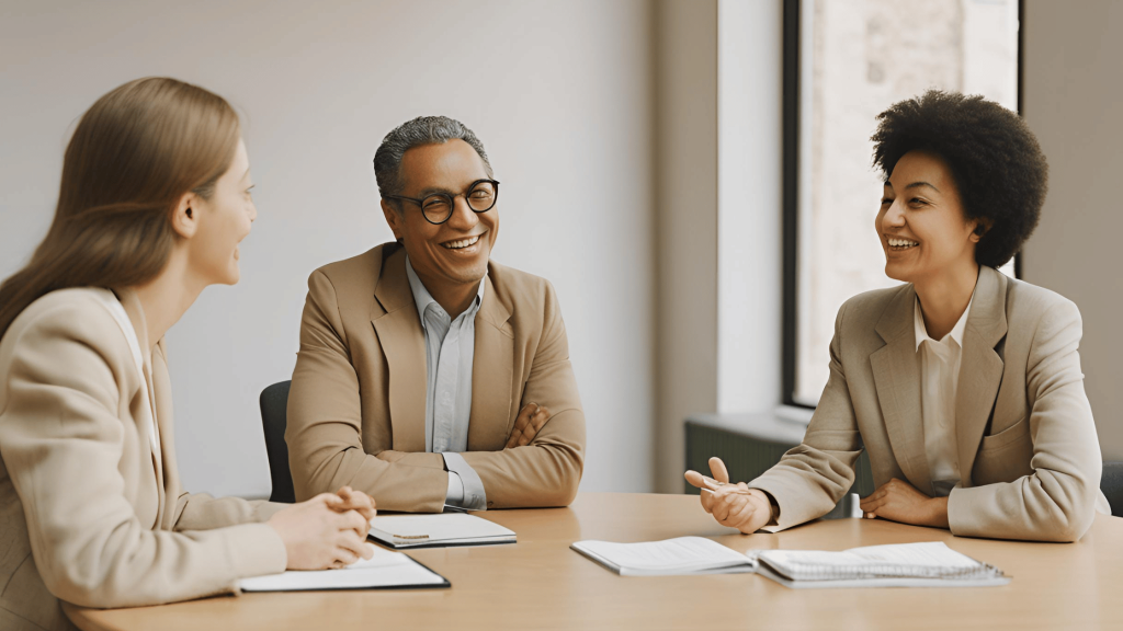 A professional mediator guides a couple in a calm meeting room, symbolizing peaceful resolution through mediation or arbitration.