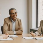 A professional mediator guides a couple in a calm meeting room, symbolizing peaceful resolution through mediation or arbitration.