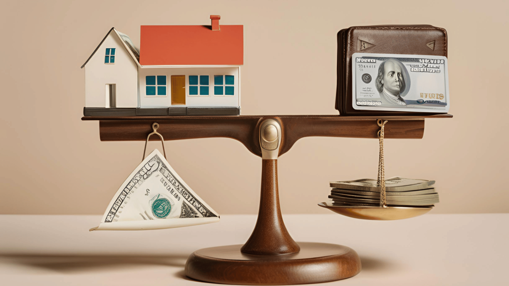A balanced scale showing cash and a house on one side and debt papers on the other, symbolizing fair division during divorce.