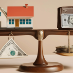 A balanced scale showing cash and a house on one side and debt papers on the other, symbolizing fair division during divorce.