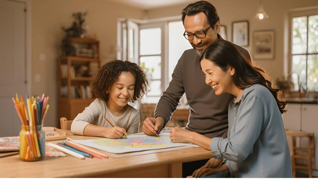 A divorced mother and father smiling at their child drawing, symbolizing peaceful co-parenting in a cozy family setting.