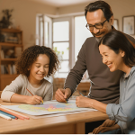 A divorced mother and father smiling at their child drawing, symbolizing peaceful co-parenting in a cozy family setting.