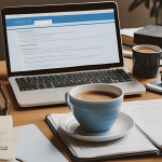 An image of a laptop on a desk with legal documents, books, and coffee, symbolizing online resources for a DIY divorce.