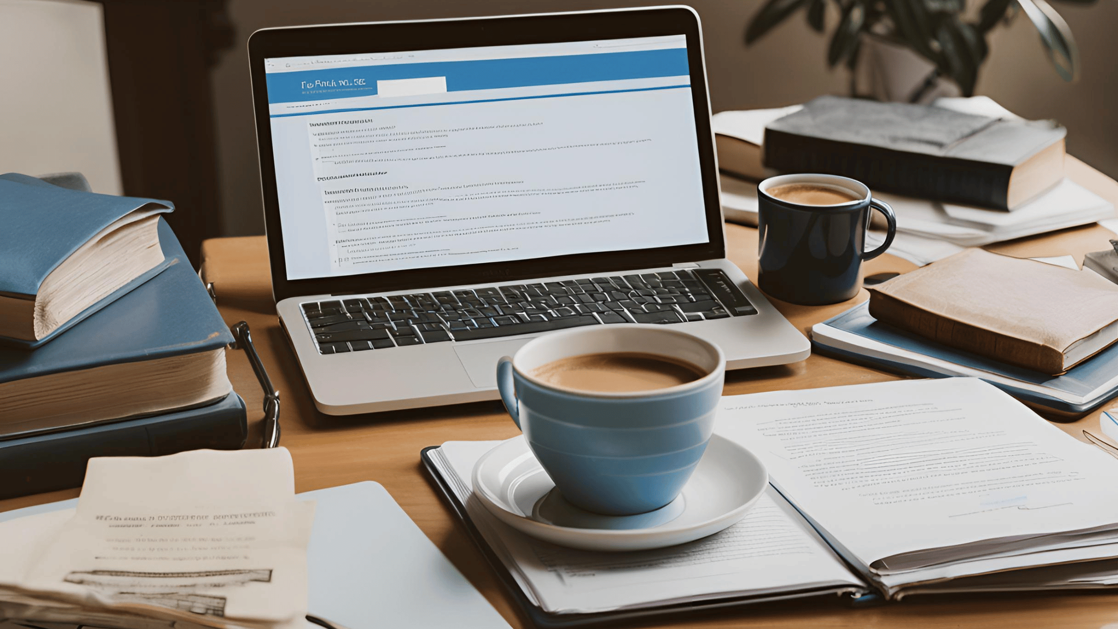 An image of a laptop on a desk with legal documents, books, and coffee, symbolizing online resources for a DIY divorce.