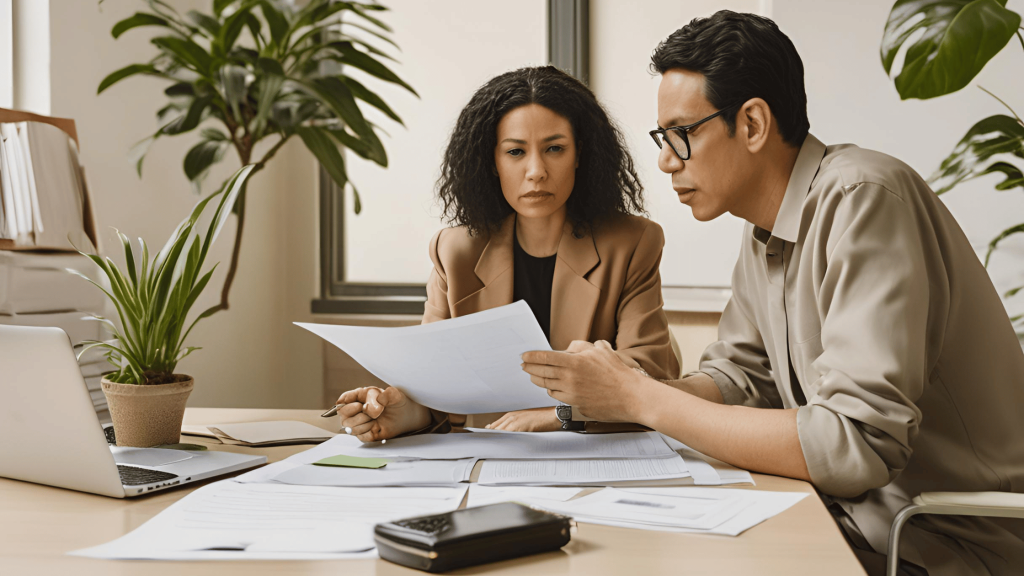 An amicable couple discussing a divorce settlement agreement at a table with papers and a laptop, symbolizing a peaceful DIY divorce process.