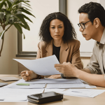 An amicable couple discussing a divorce settlement agreement at a table with papers and a laptop, symbolizing a peaceful DIY divorce process.
