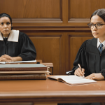 A person representing themselves in family court, seated at a table with a folder, inside a courtroom setting.