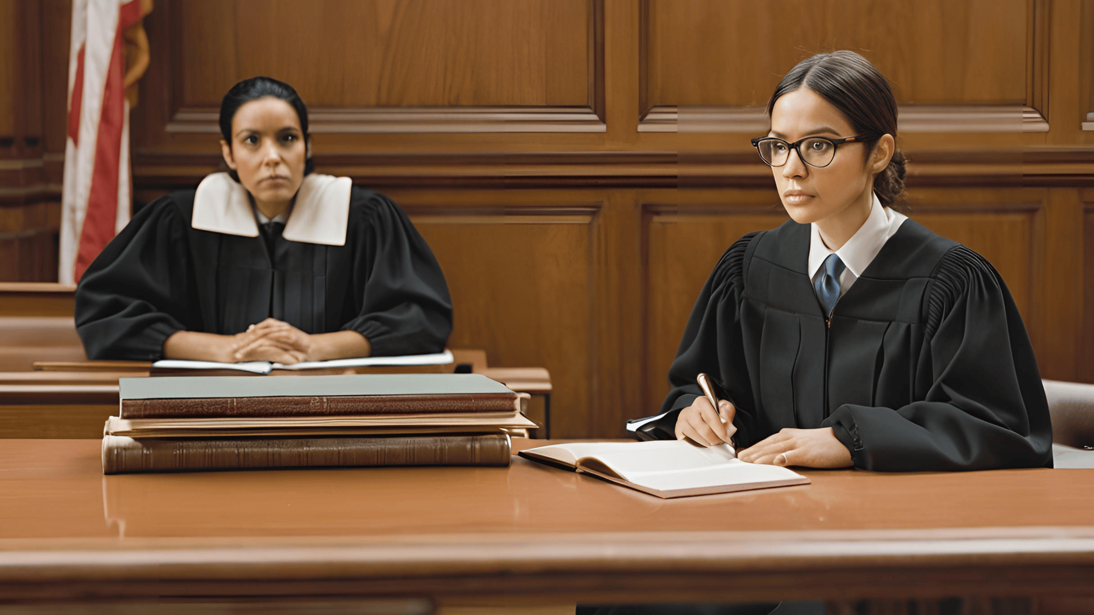 A person representing themselves in family court, seated at a table with a folder, inside a courtroom setting.