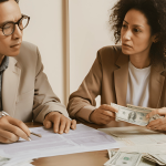 Illustration of a couple separating, with legal documents and money on a table, representing financial support for unmarried partners.