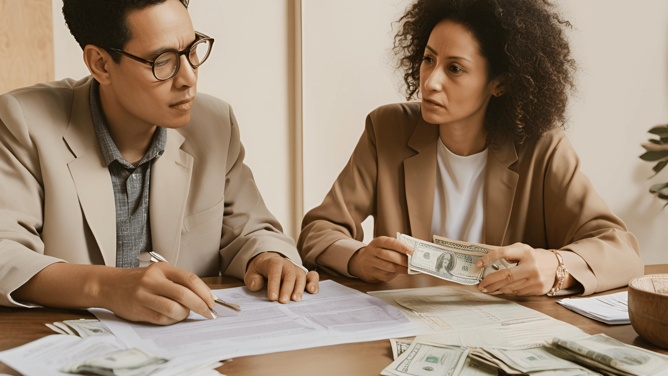 Illustration of a couple separating, with legal documents and money on a table, representing financial support for unmarried partners.