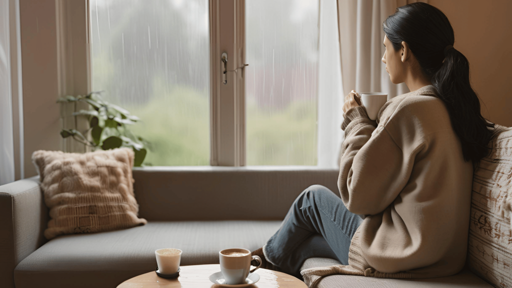 A person sitting alone on a couch, looking out a rainy window, symbolizing healing and reflection after a breakup.