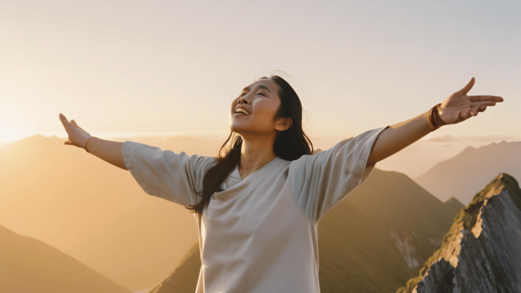 Person standing on a mountaintop at sunrise, representing self-discovery and a fresh start after a long-term relationship ends.
