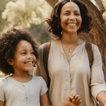 Illustration of a child holding hands with two parents under a heart-shaped tree, representing unity in co-parenting after unmarried separation.