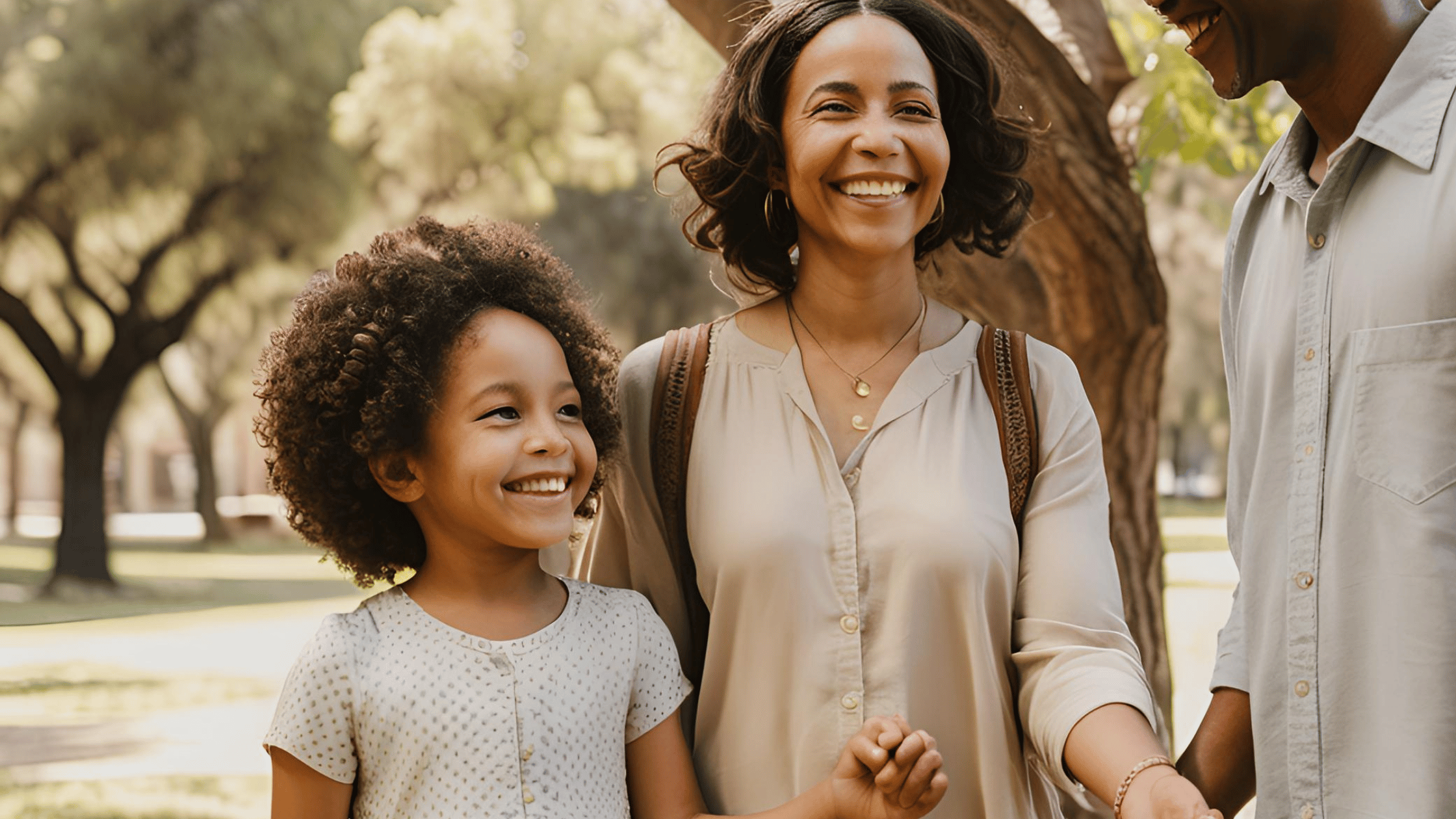 Illustration of a child holding hands with two parents under a heart-shaped tree, representing unity in co-parenting after unmarried separation.