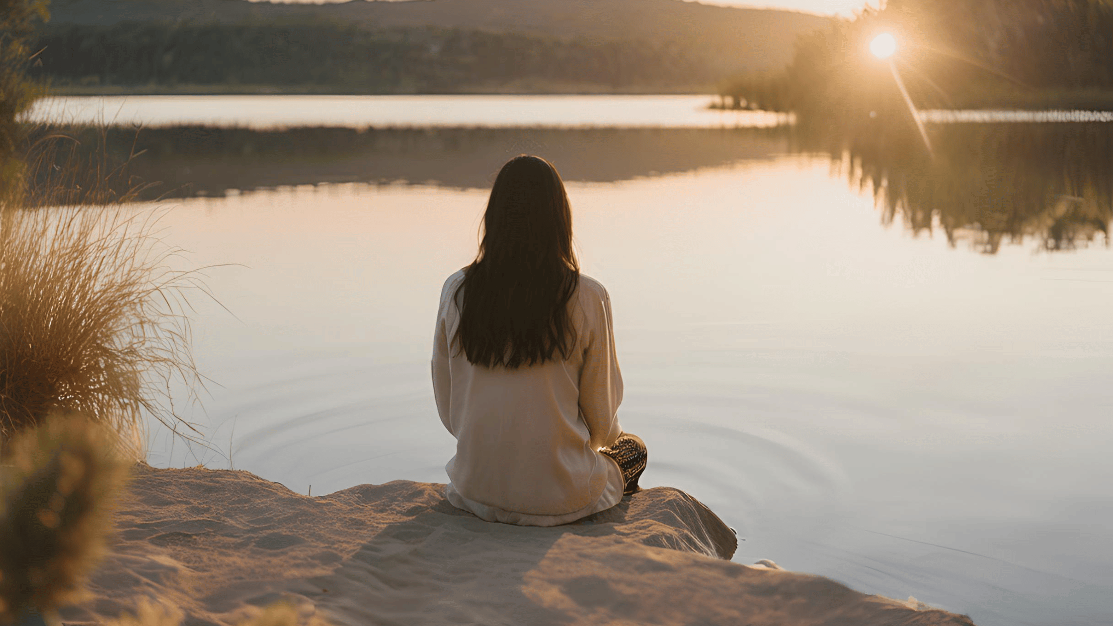 A person sitting near a tranquil lake at sunset, representing peace and recovery after an unmarried separation.
