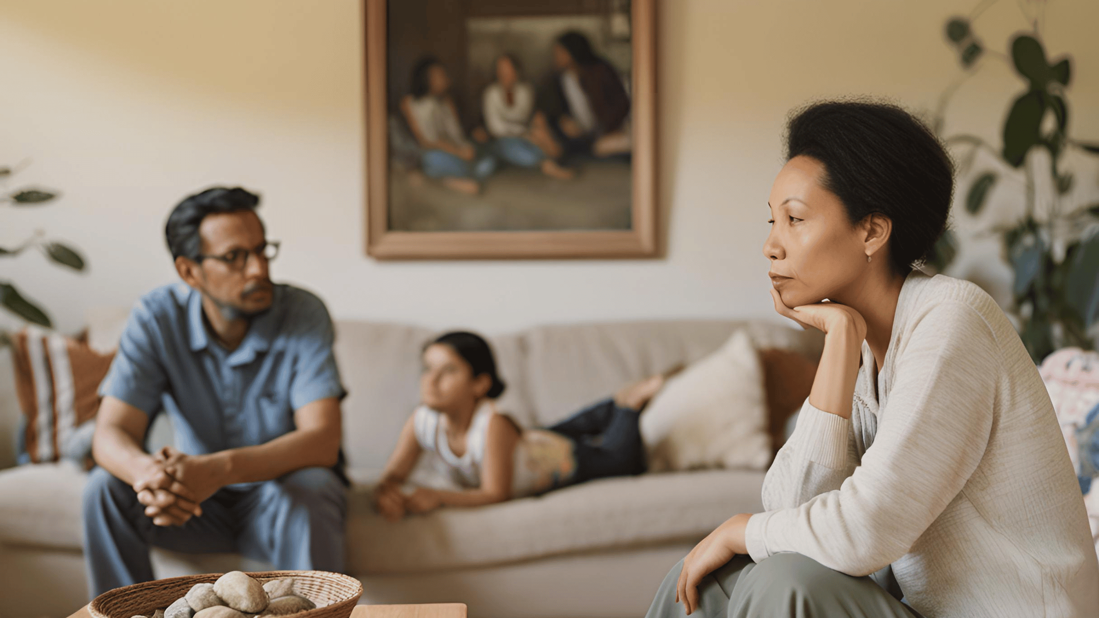 Two individuals having a conversation during an unmarried separation, with a family photo in the background symbolizing shared memories.