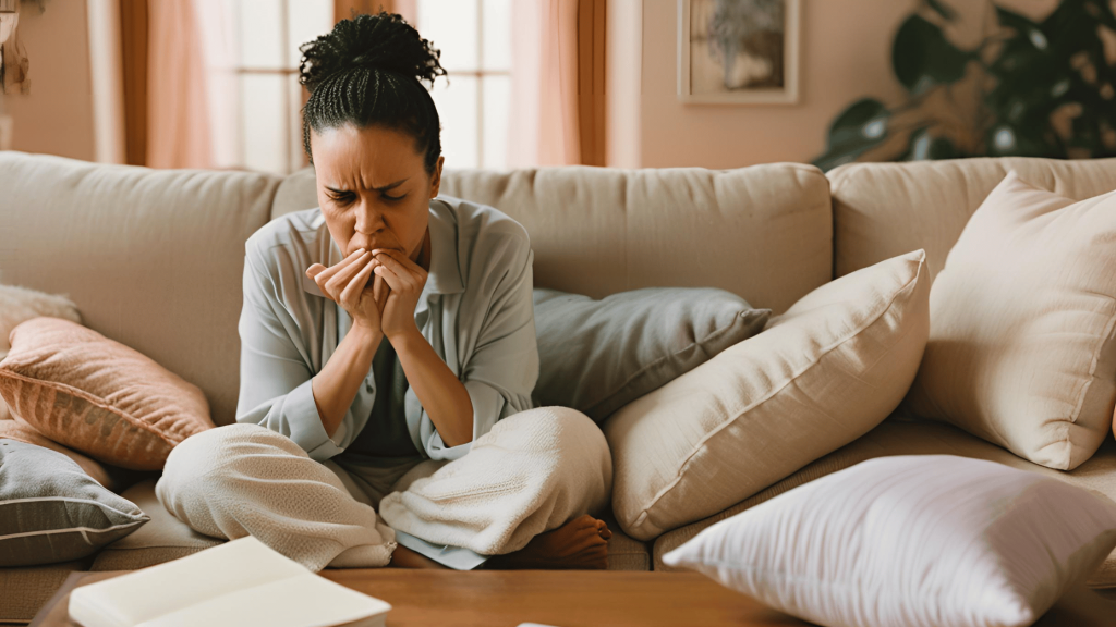 Angry woman sitting on a couch, processing emotions after divorce with a journal and deep breathing exercises