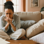 Angry woman sitting on a couch, processing emotions after divorce with a journal and deep breathing exercises